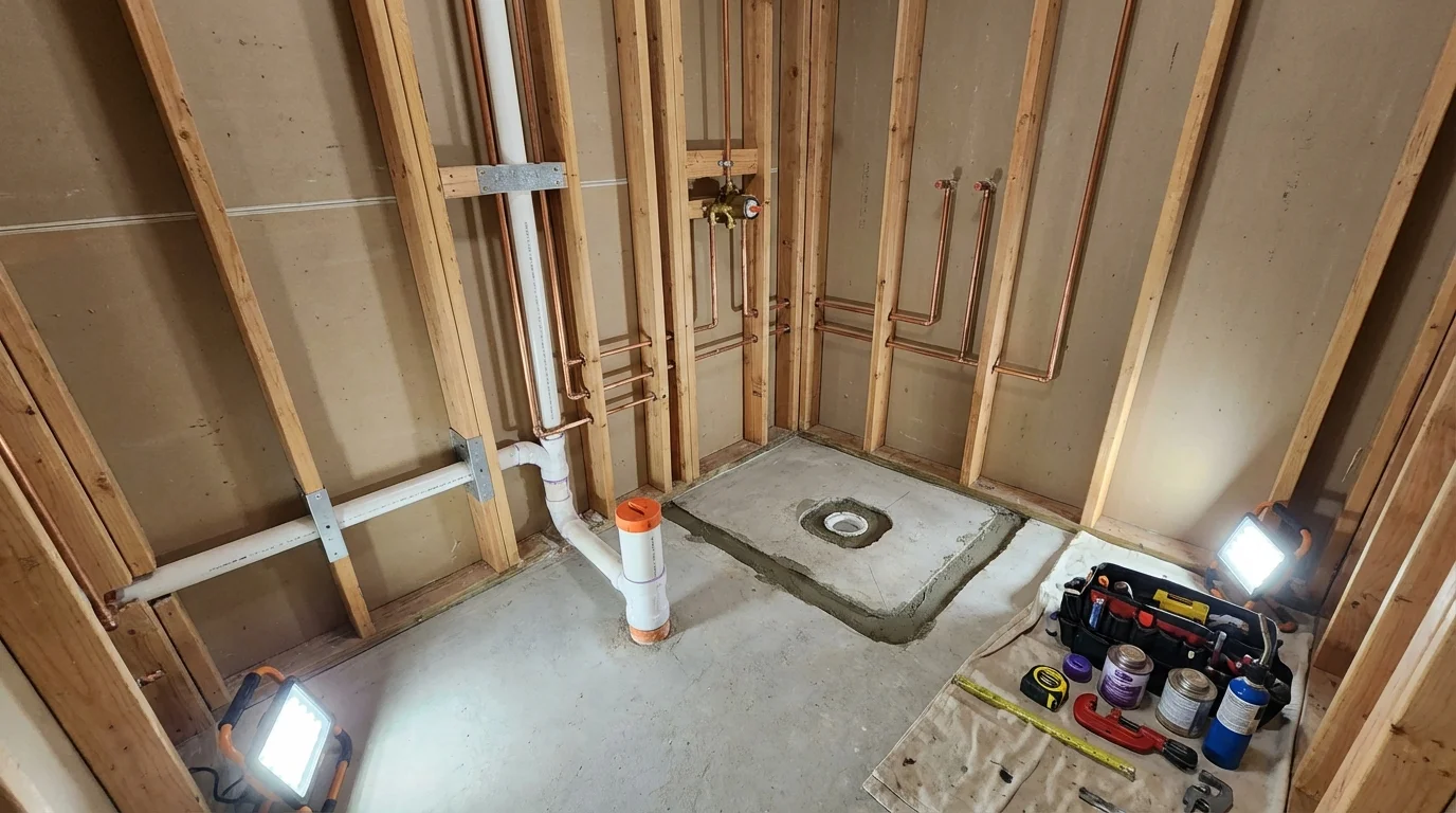 Bathroom rough-in plumbing during remodel by Johns Plumbing LLC in Doylestown