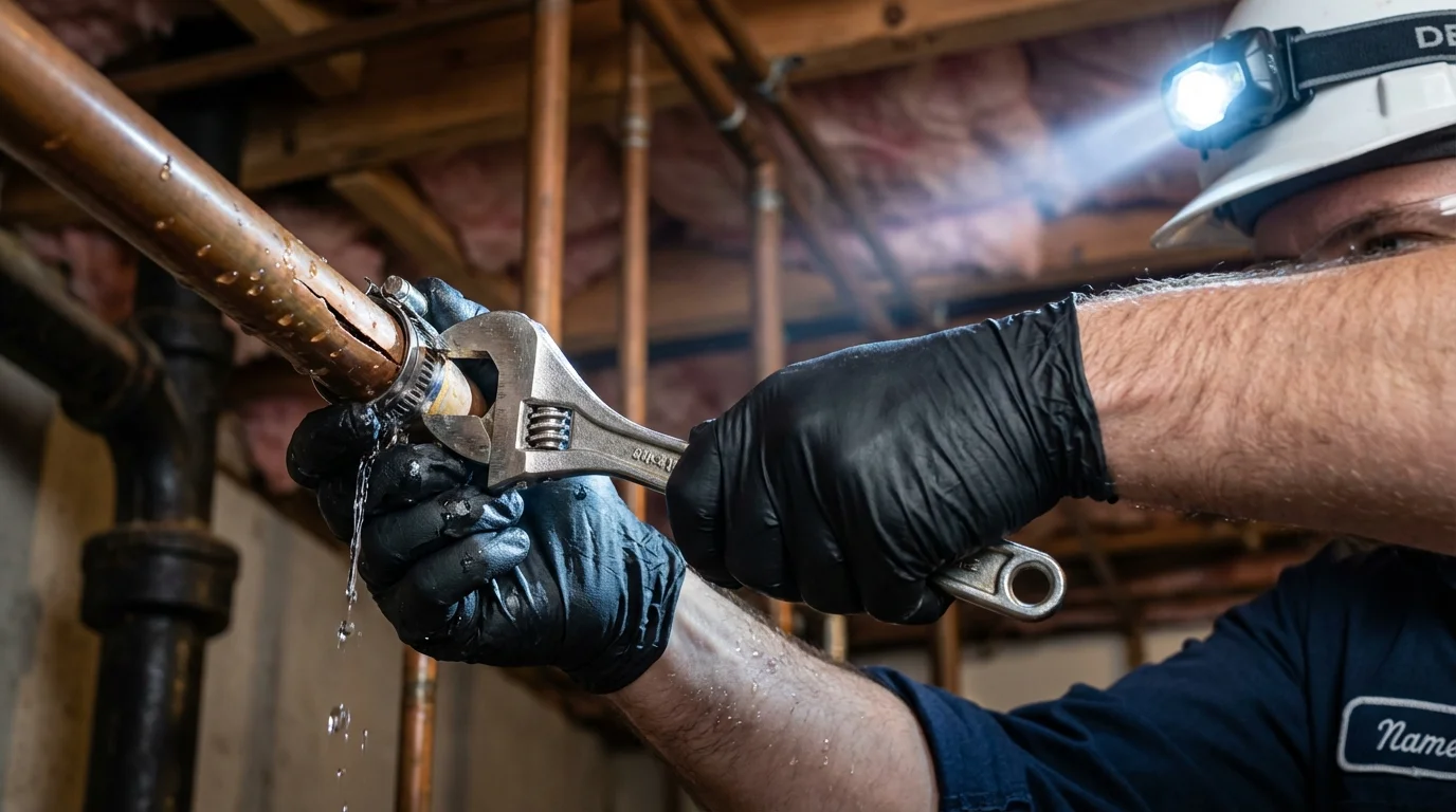 Emergency pipe clamp repair being performed by a Johns Plumbing LLC plumber in Doylestown